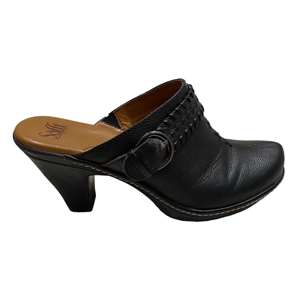 SOFFT Black Leather Heel Mules Clogs Comfort Classic Buckle Size 9